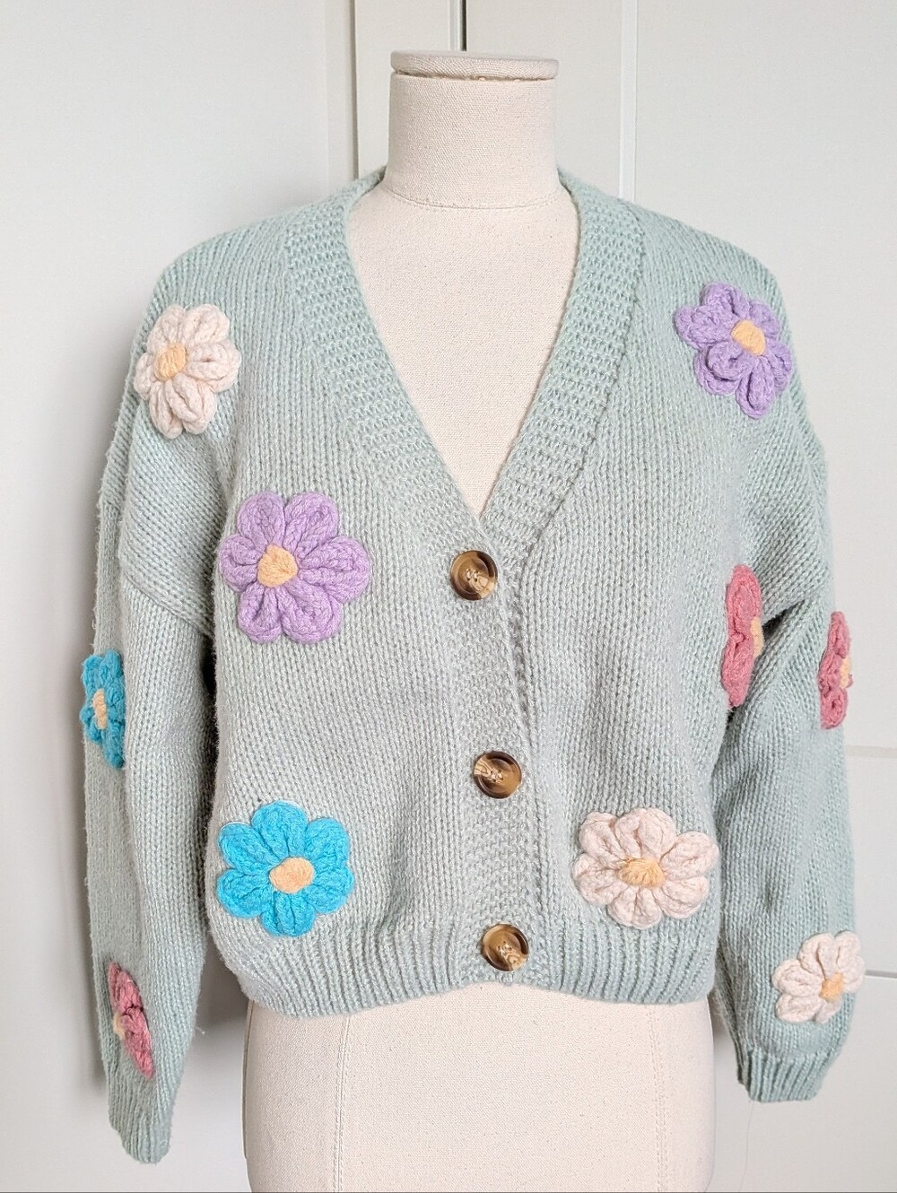 Dreamers by Debut 3D Flowers Chunky Knit Cardigan Mint Green XS